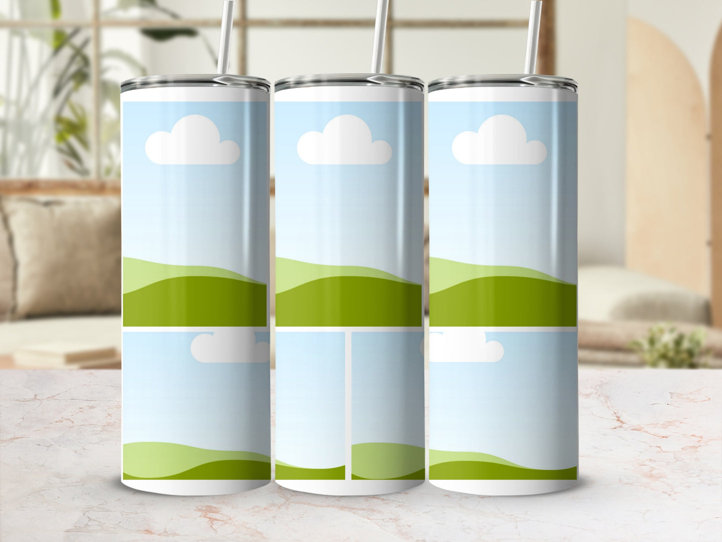 Three tumblers with cartoon sky and rolling green hills design.