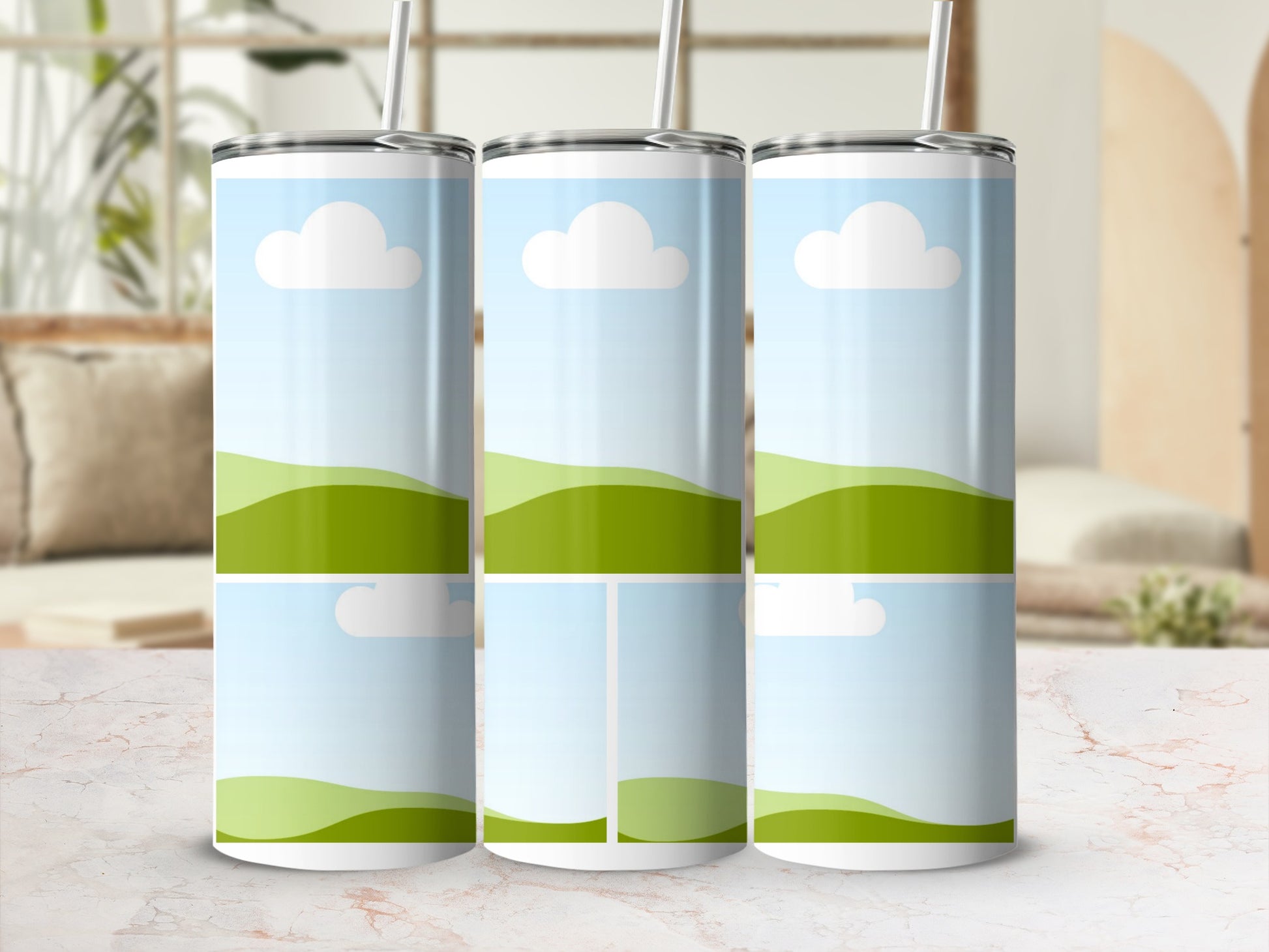 Three tumblers with cartoon sky and rolling green hills design.