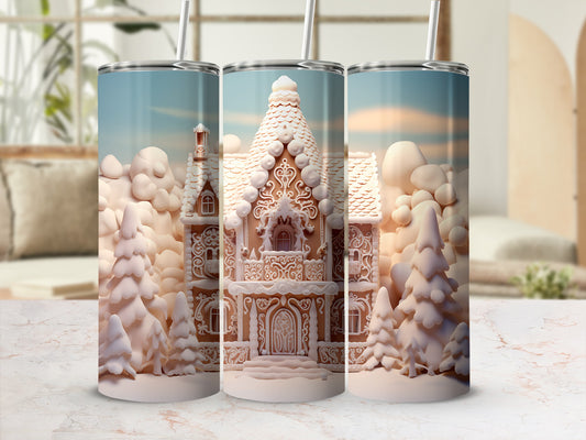 Gingerbread house and winter trees wrap around a tumbler.