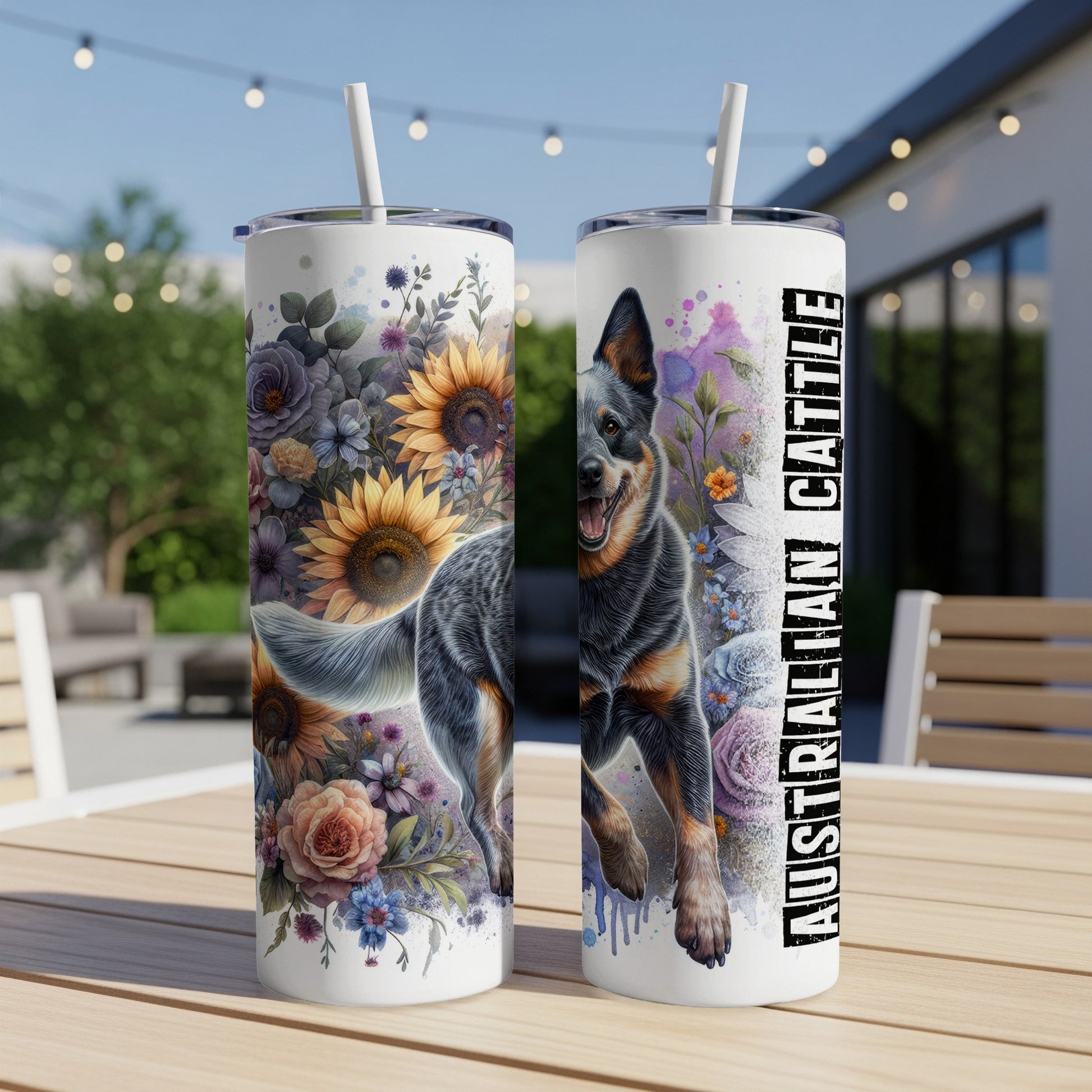 Australian Cattle Dog with sunflowers and roses on a floral tumbler.