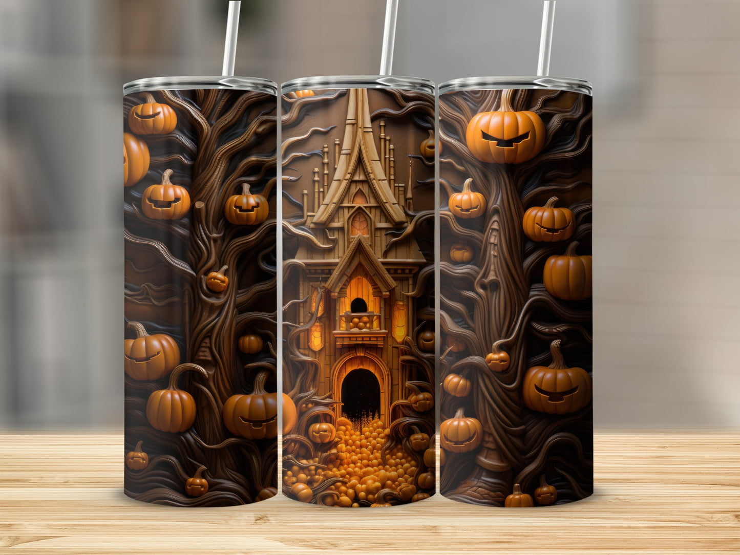 Tumblers with Halloween theme featuring jack-o'-lanterns and a spooky house.