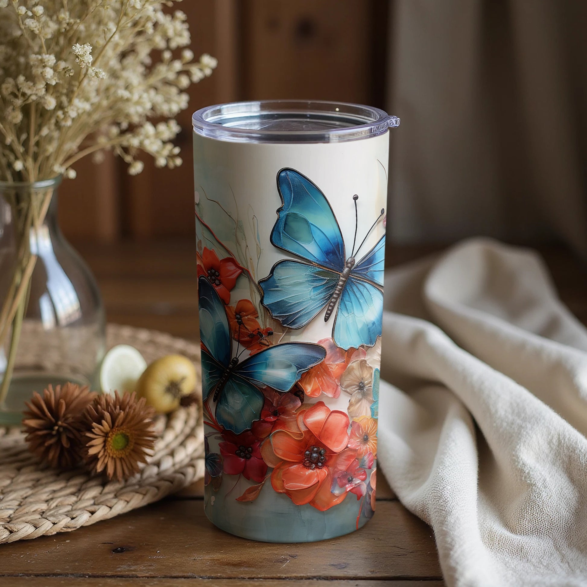 Blue Butterfly and Floral Design Tumbler Product