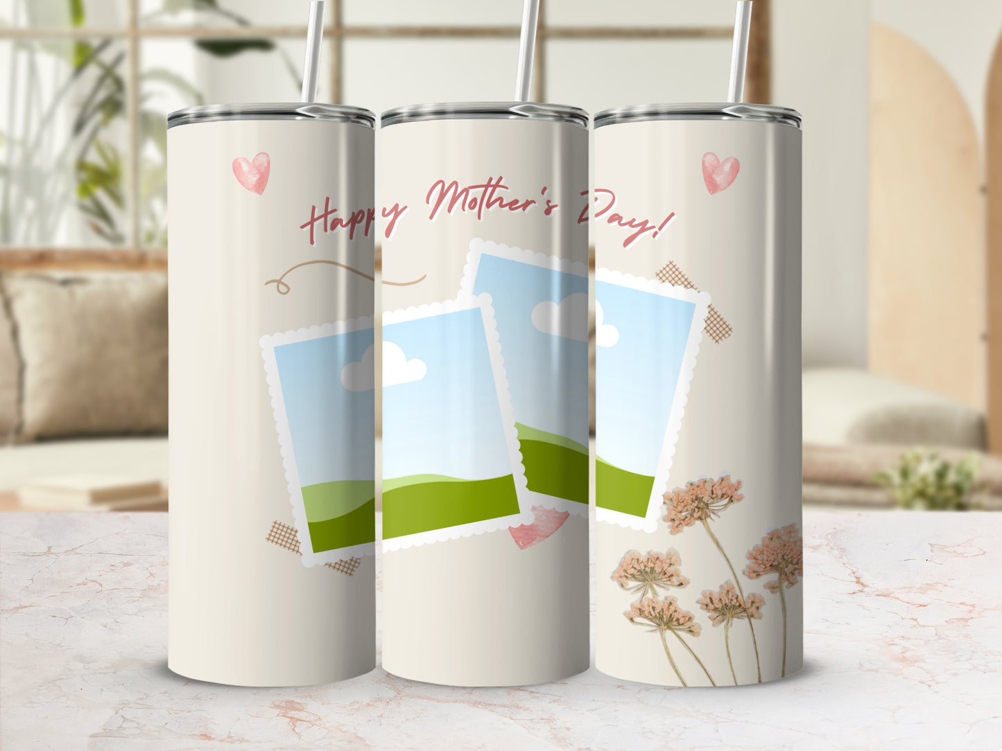 Cream tumblers with "Happy Mother's Day" text, photo frames, and floral accents.