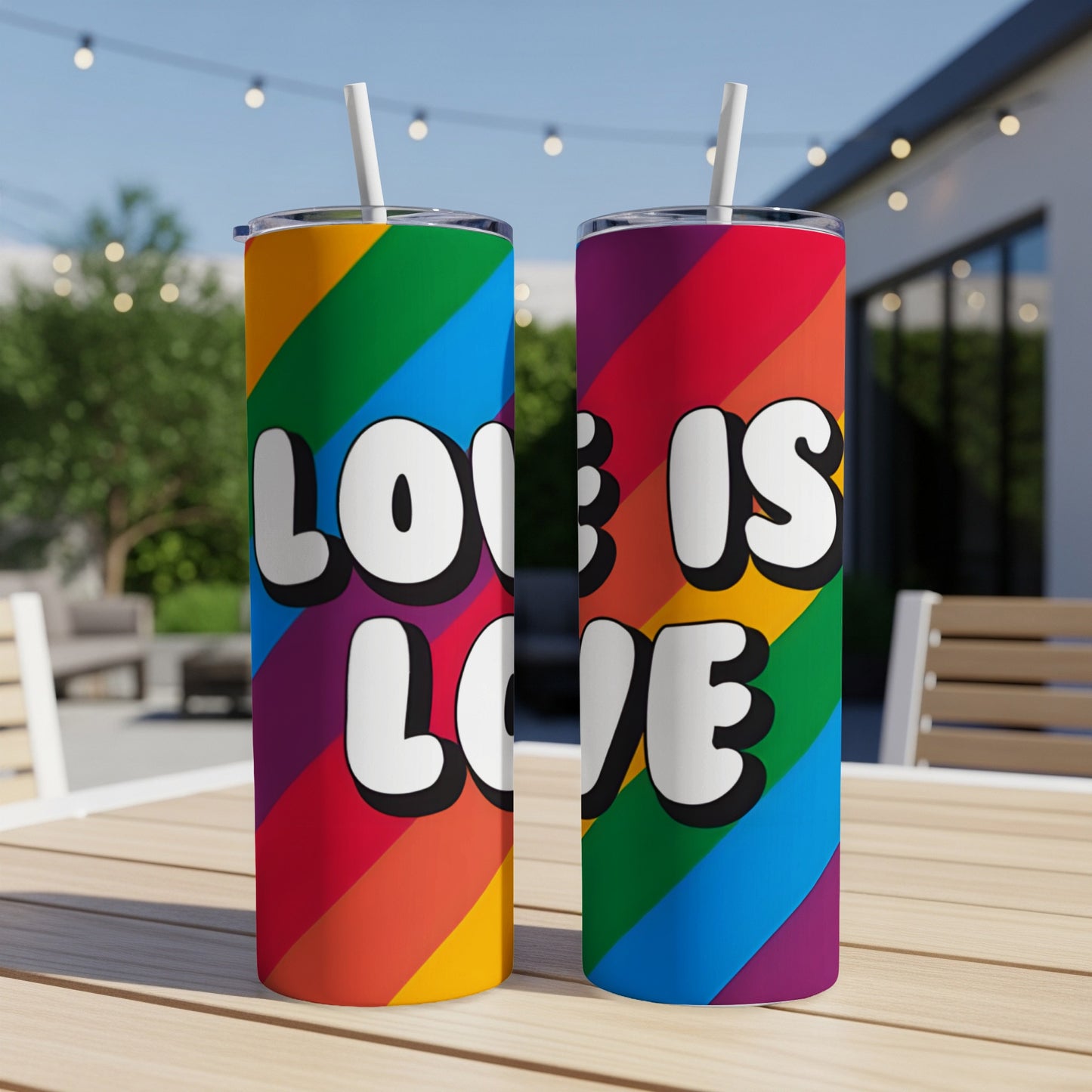 Two Pride flag tumblers with "LOVE IS LOVE" text.