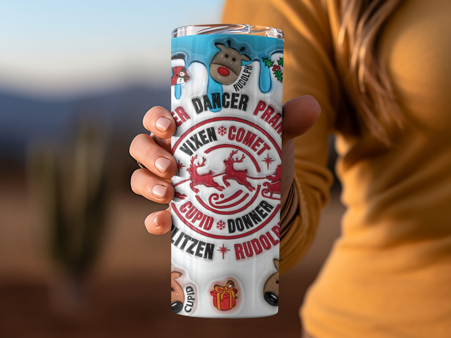 Reindeer Names Holiday Theme Travel Tumbler Product