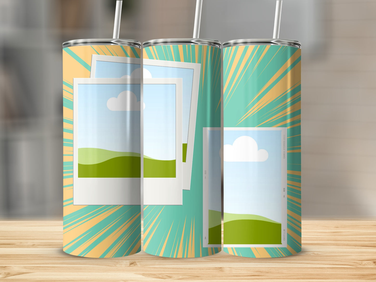 Tumblers with a sunburst design and photo frame overlays featuring landscape scenes.