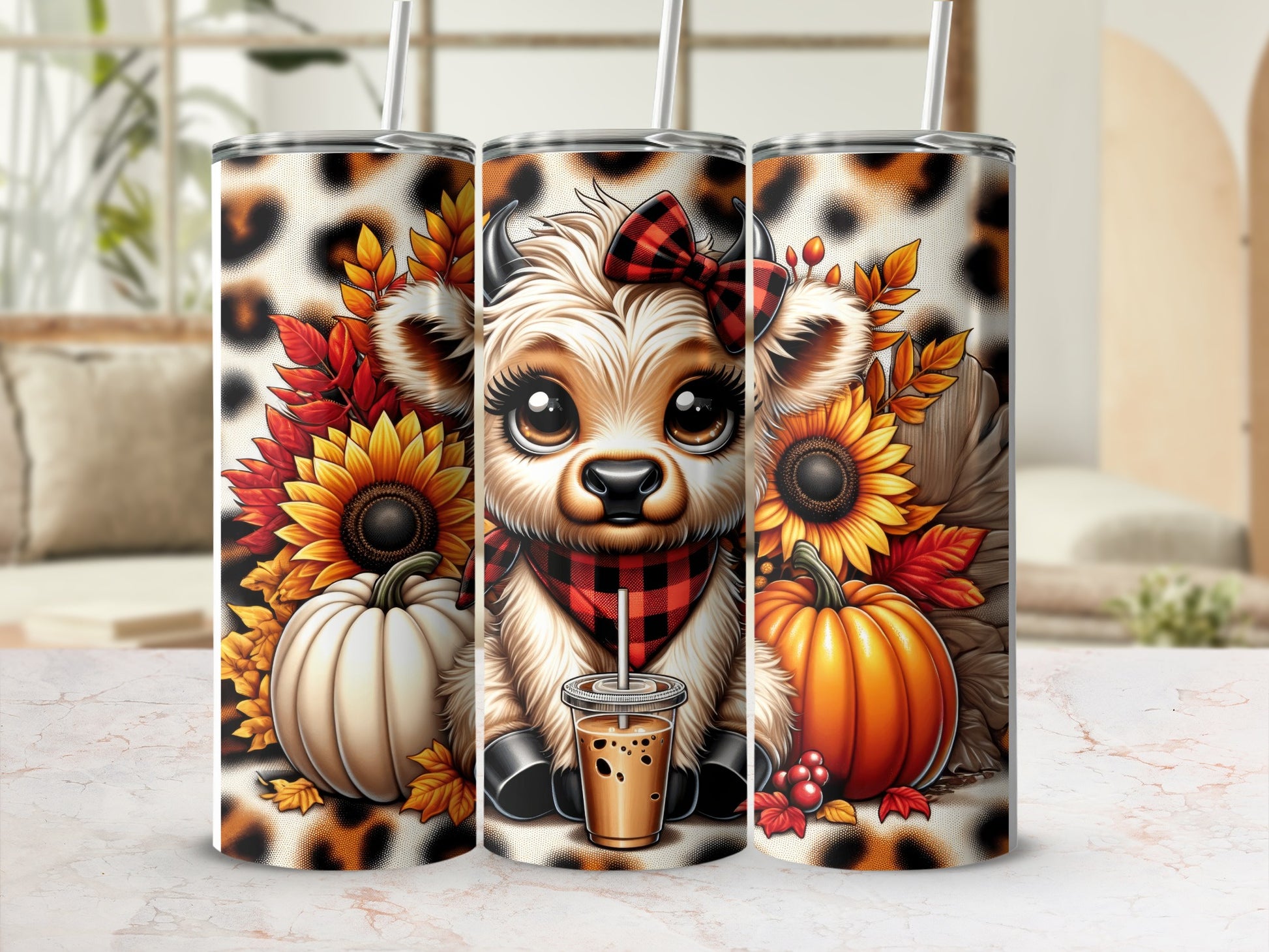 Cute cow with pumpkins, sunflowers, and leopard print tumbler.