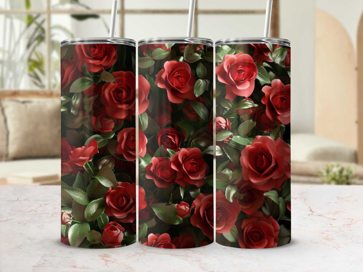 Three tumblers featuring a detailed pattern of dark red roses on a muted background.