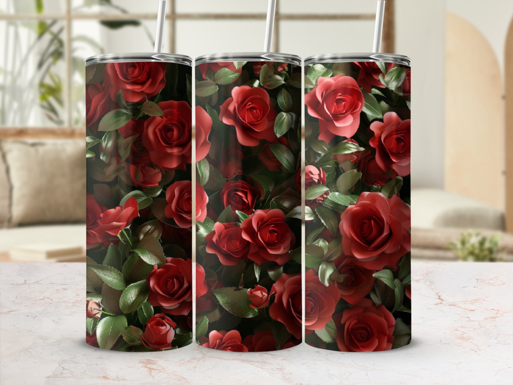 Three tumblers featuring a detailed pattern of dark red roses on a muted background.