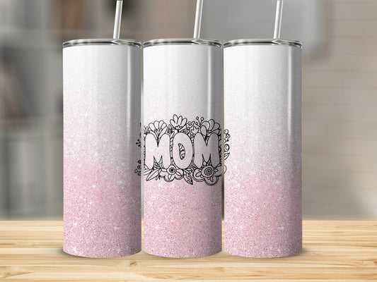 Three tumblers with pink glitter and "Mom" floral design.