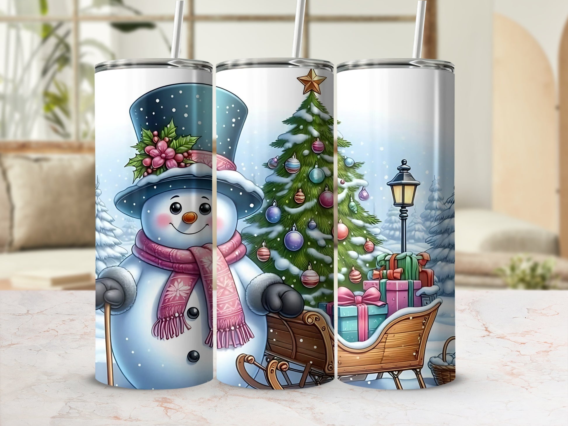 Festive Christmas Snowman and Tree Tumbler Cup Design
