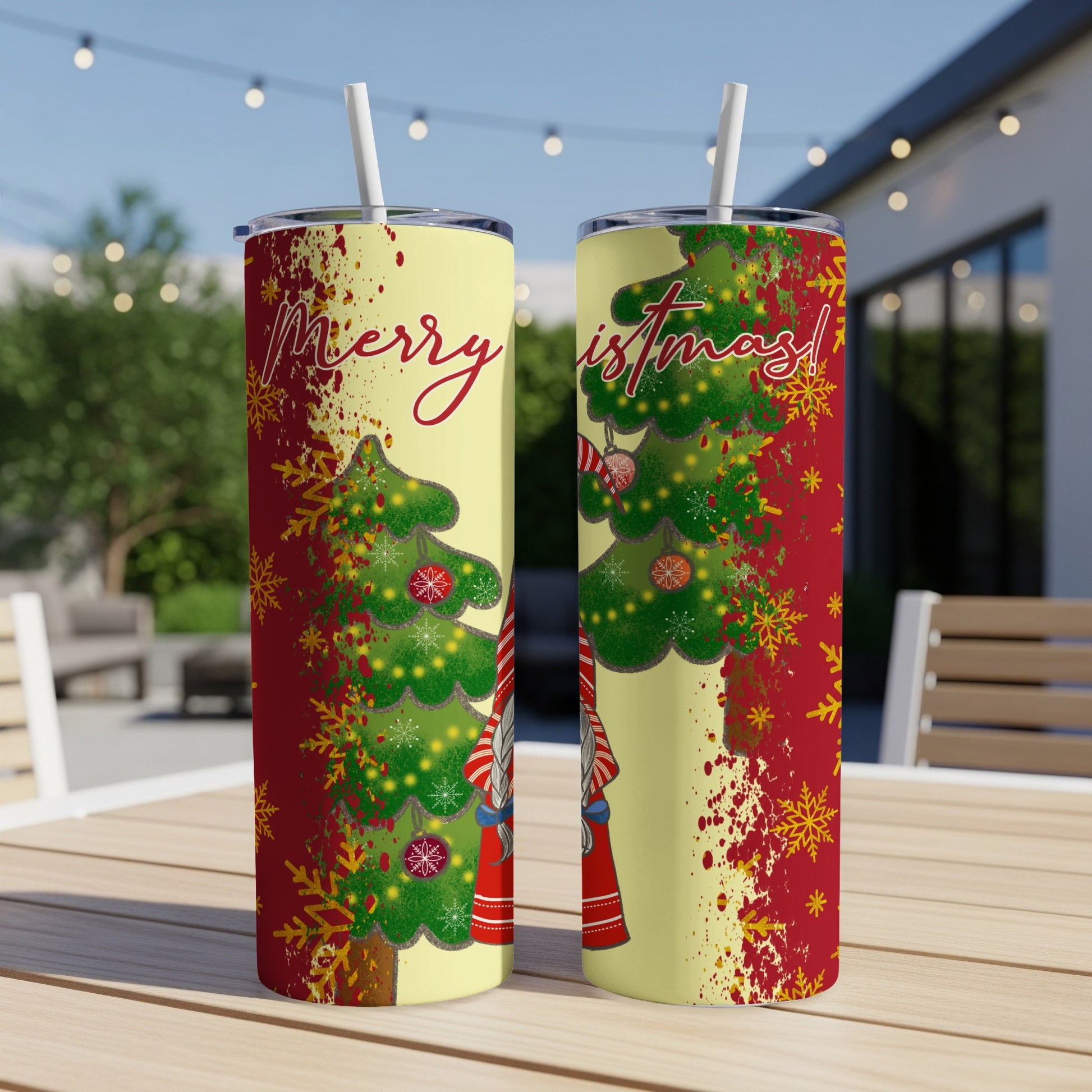 Yellow tumblers with Christmas tree and gnome graphic, "Merry Christmas!" text.