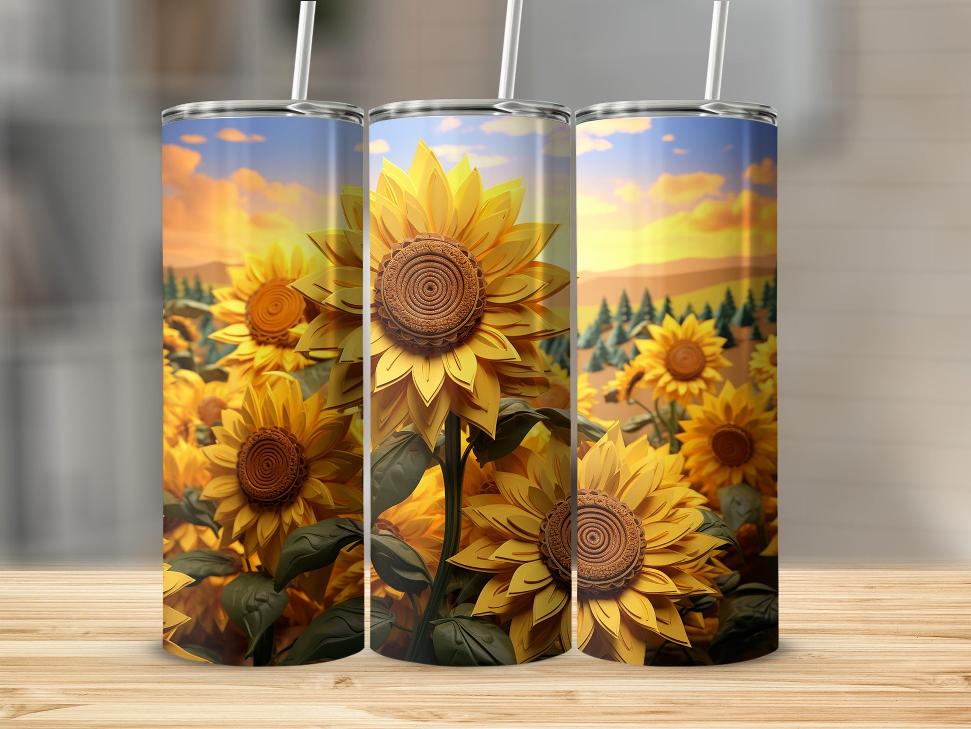 Vibrant Sunflower Field Design Tumbler With Straw