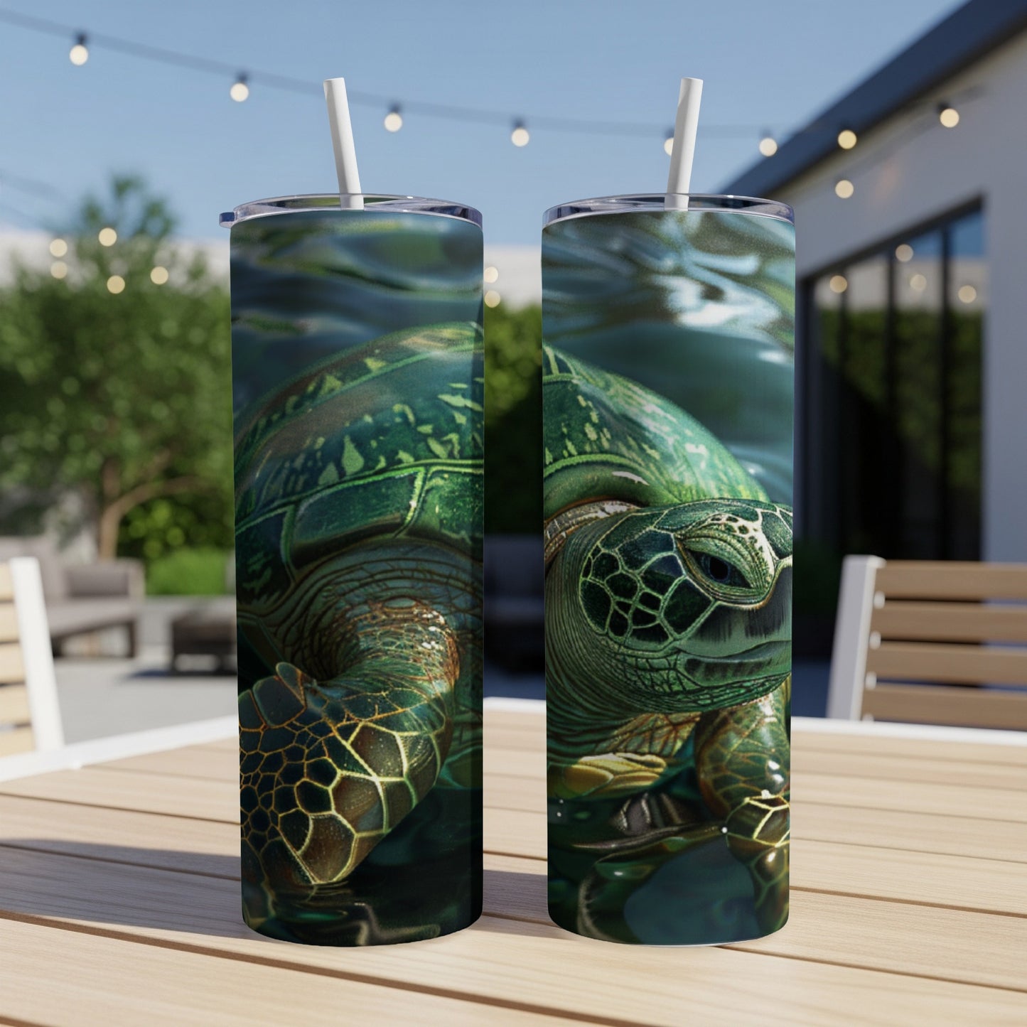 Two tumblers with a close-up green sea turtle illustration.