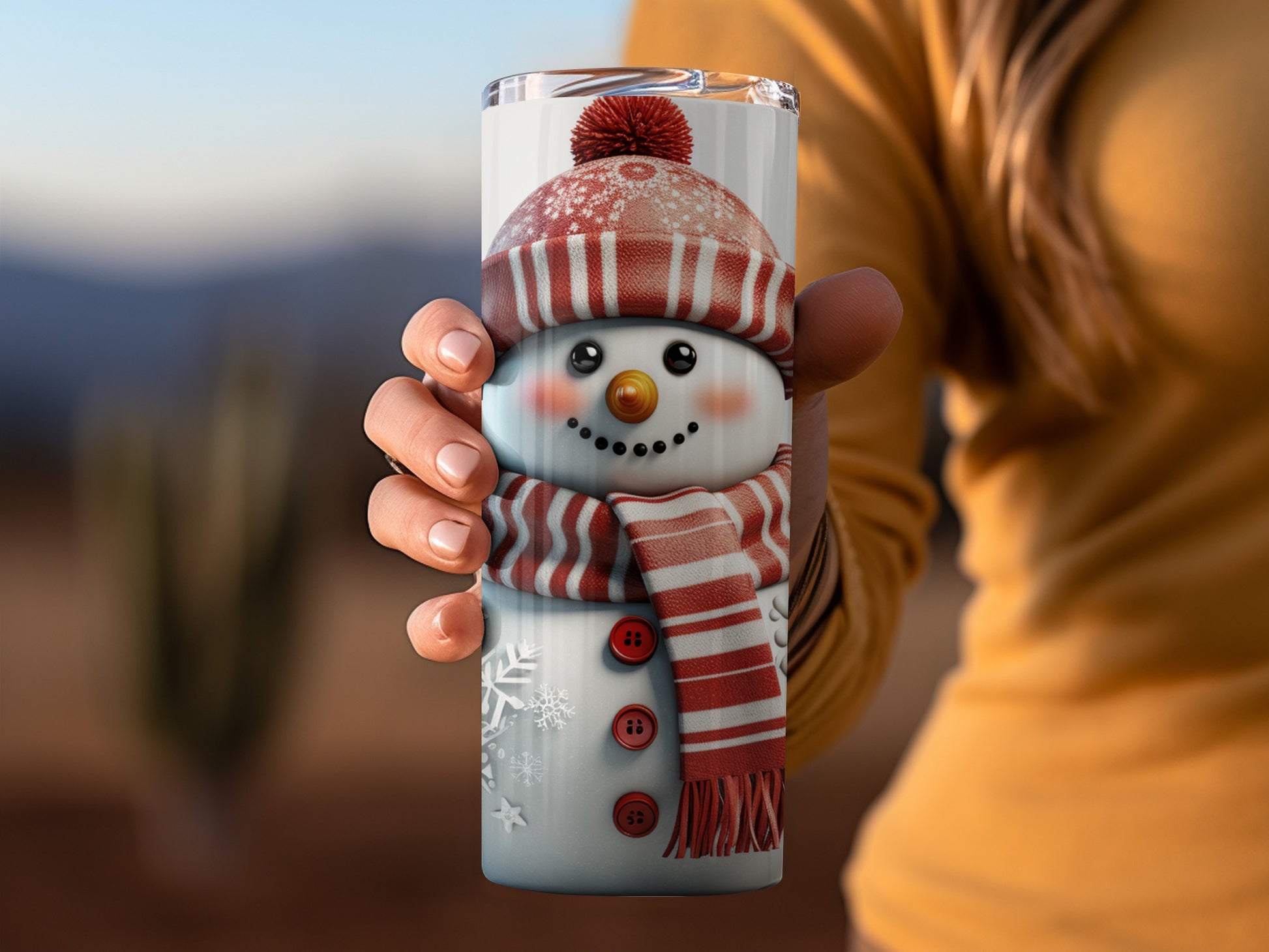 Festive Snowman Tumbler with Scarf and Buttons Design