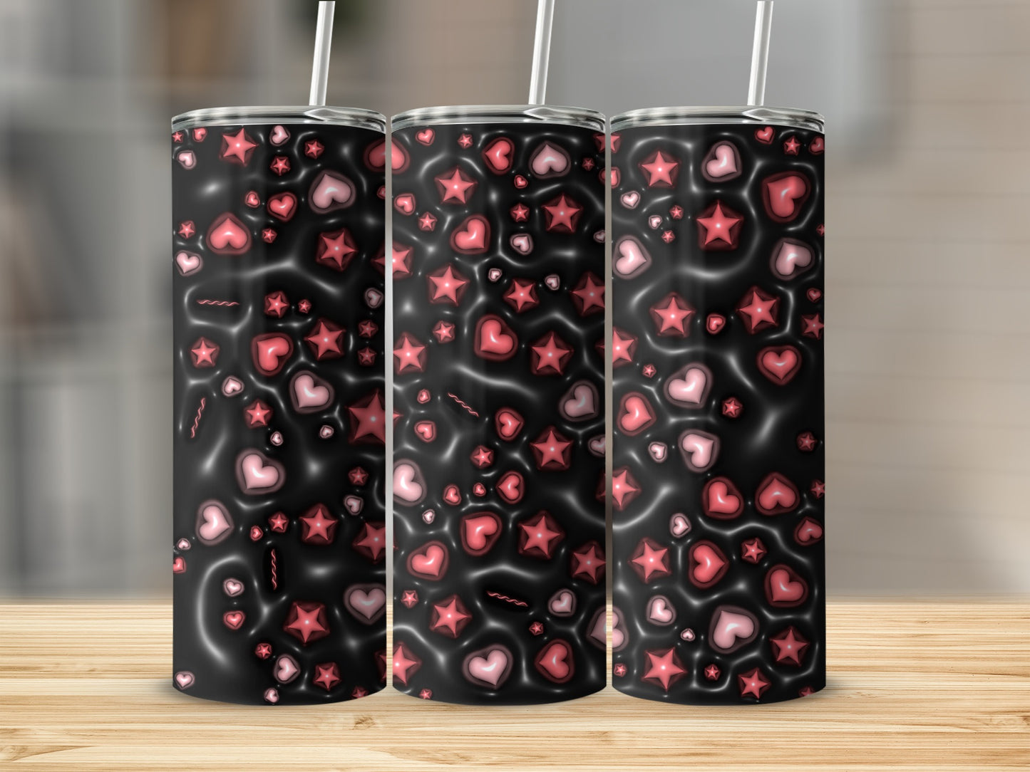 Black Glossy Pink Hearts Stars Design Tumbler product type