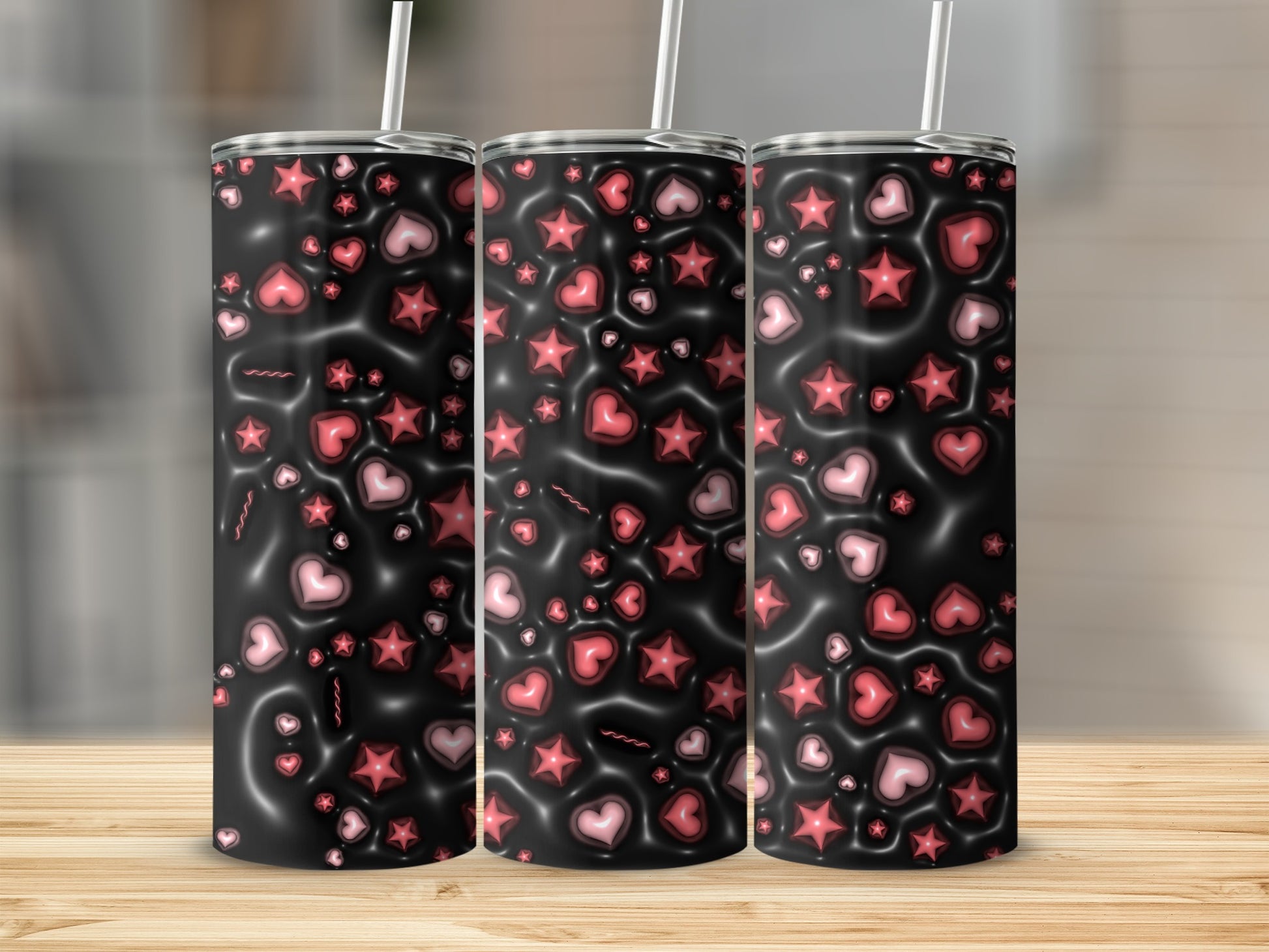 Black Glossy Pink Hearts Stars Design Tumbler product type