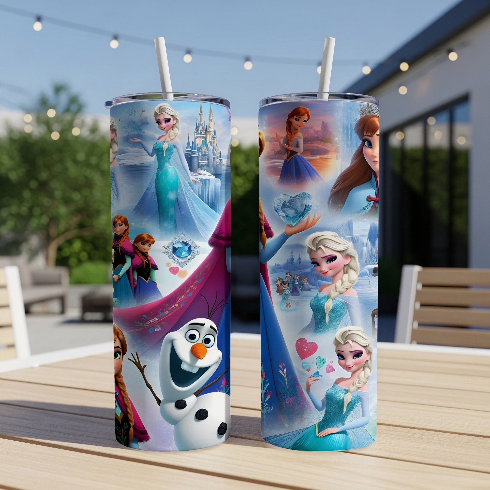 Two tumblers with Elsa, Olaf, and Anna from Frozen on a table.
