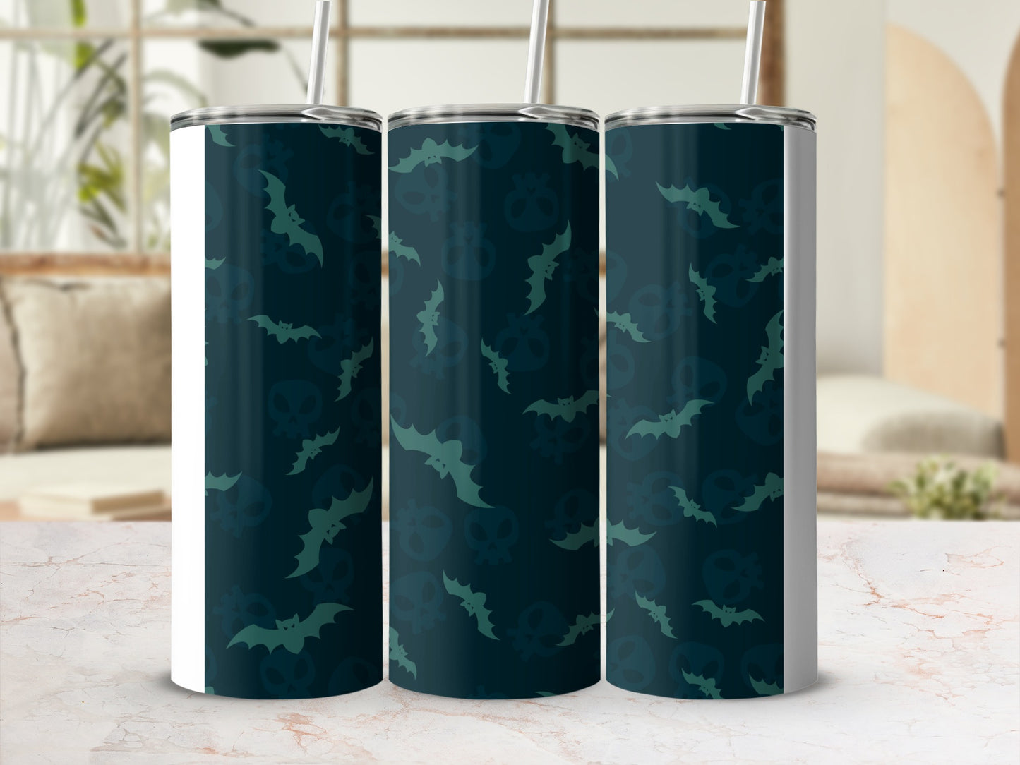 Dark Teal Bat Skull Pattern Halloween Tumbler