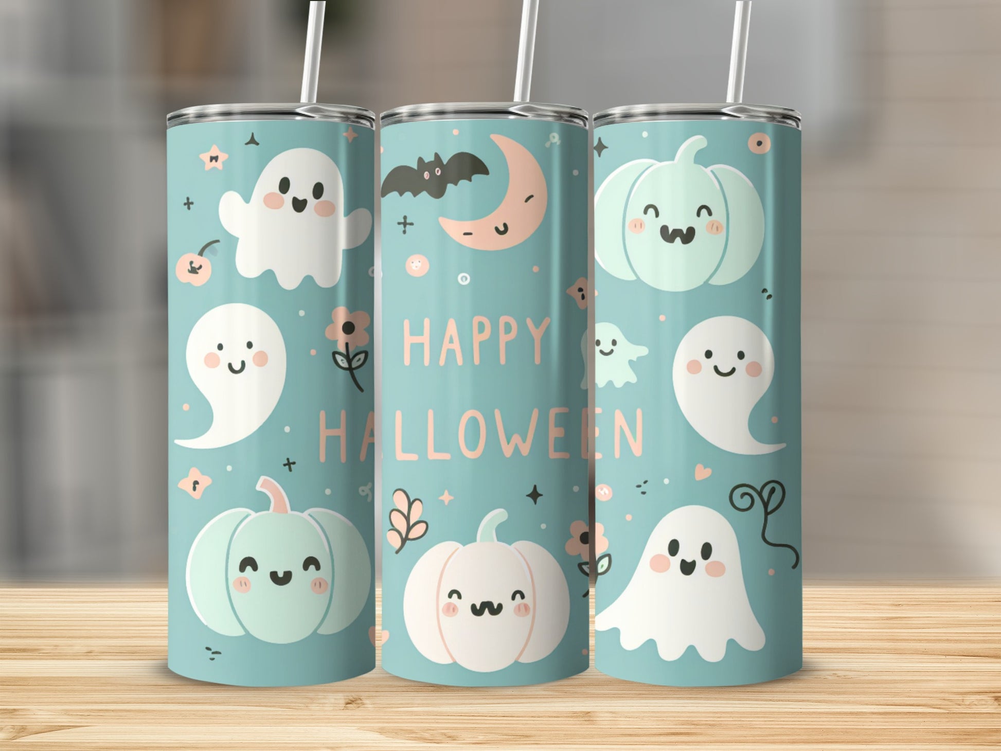 Mint green tumblers with white ghosts, pumpkins, a bat, and "Happy Halloween" text.