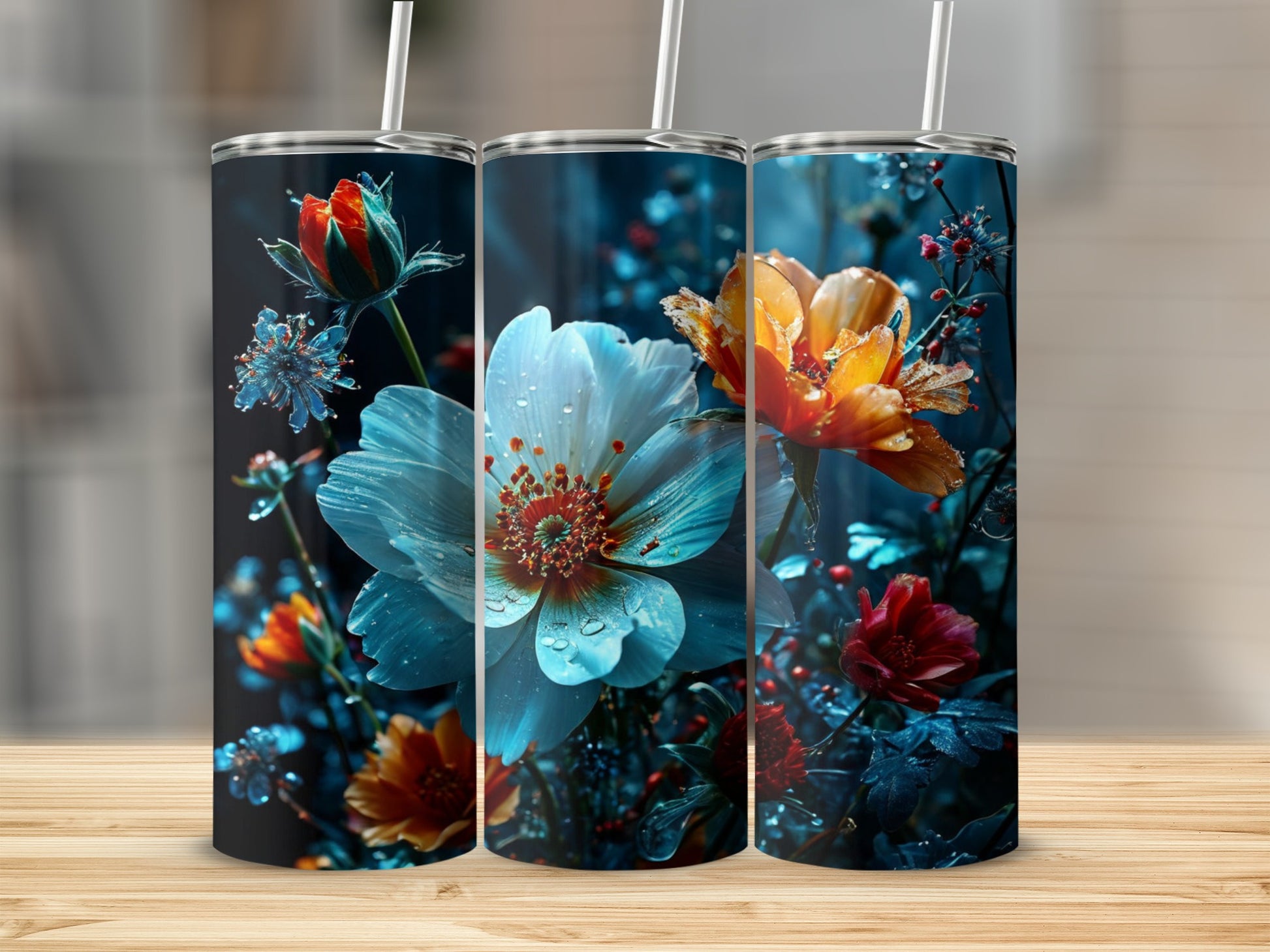 Three tumblers with vibrant floral designs featuring dew-kissed white and orange flowers.