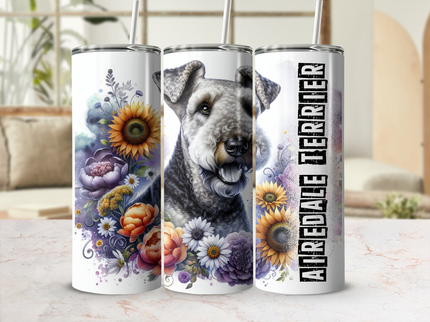 Three tumblers featuring an Airedale Terrier, sunflowers, and purple flowers.