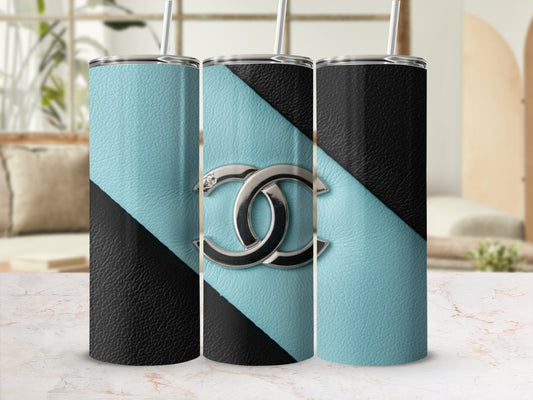 Stylish Aqua and Black Tumbler with Elegant Logo Design