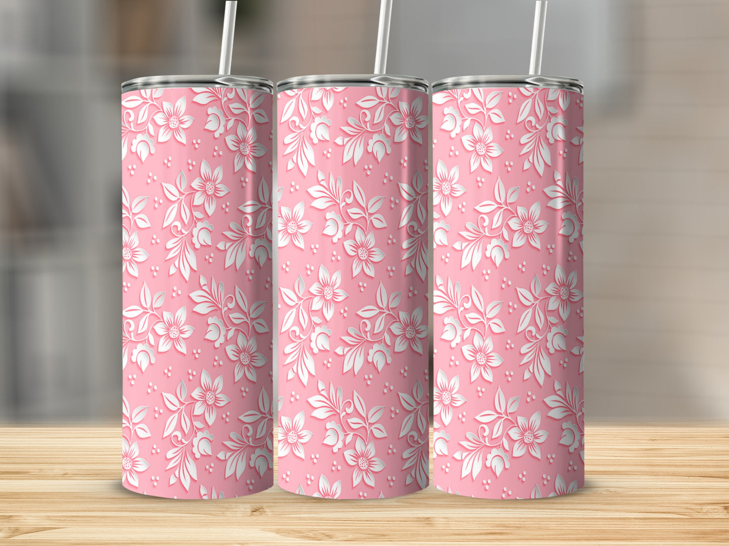 Pink Flowers With Leaves Patterns Cool Design Tumblers