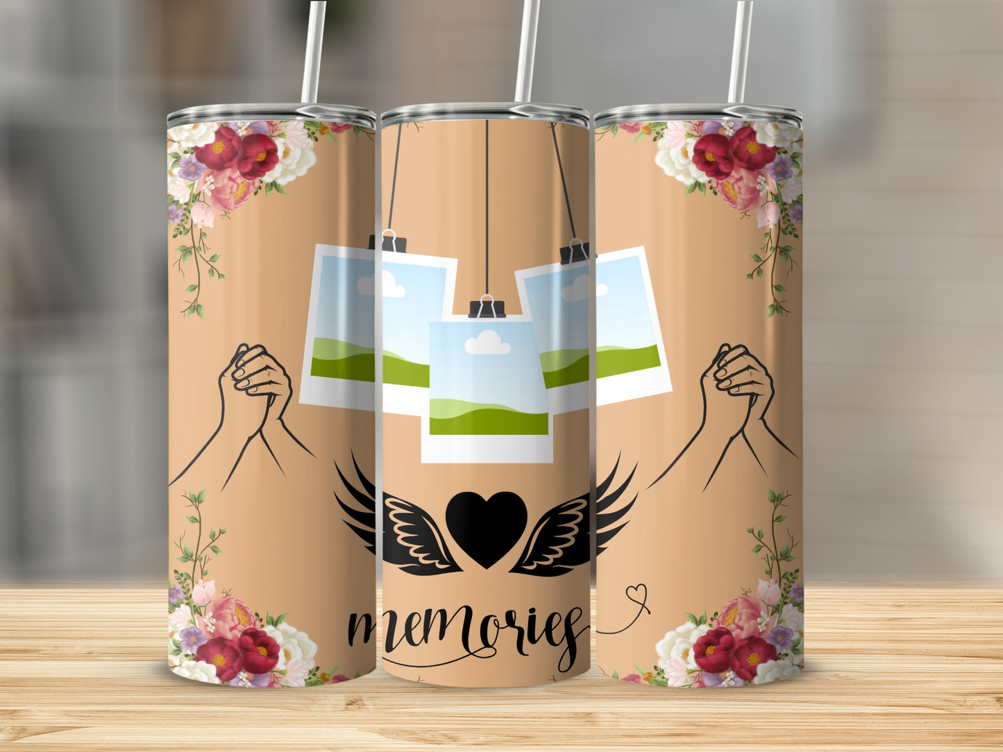 Tumbler with floral trim, hands holding, floating photos, and the word "memories".