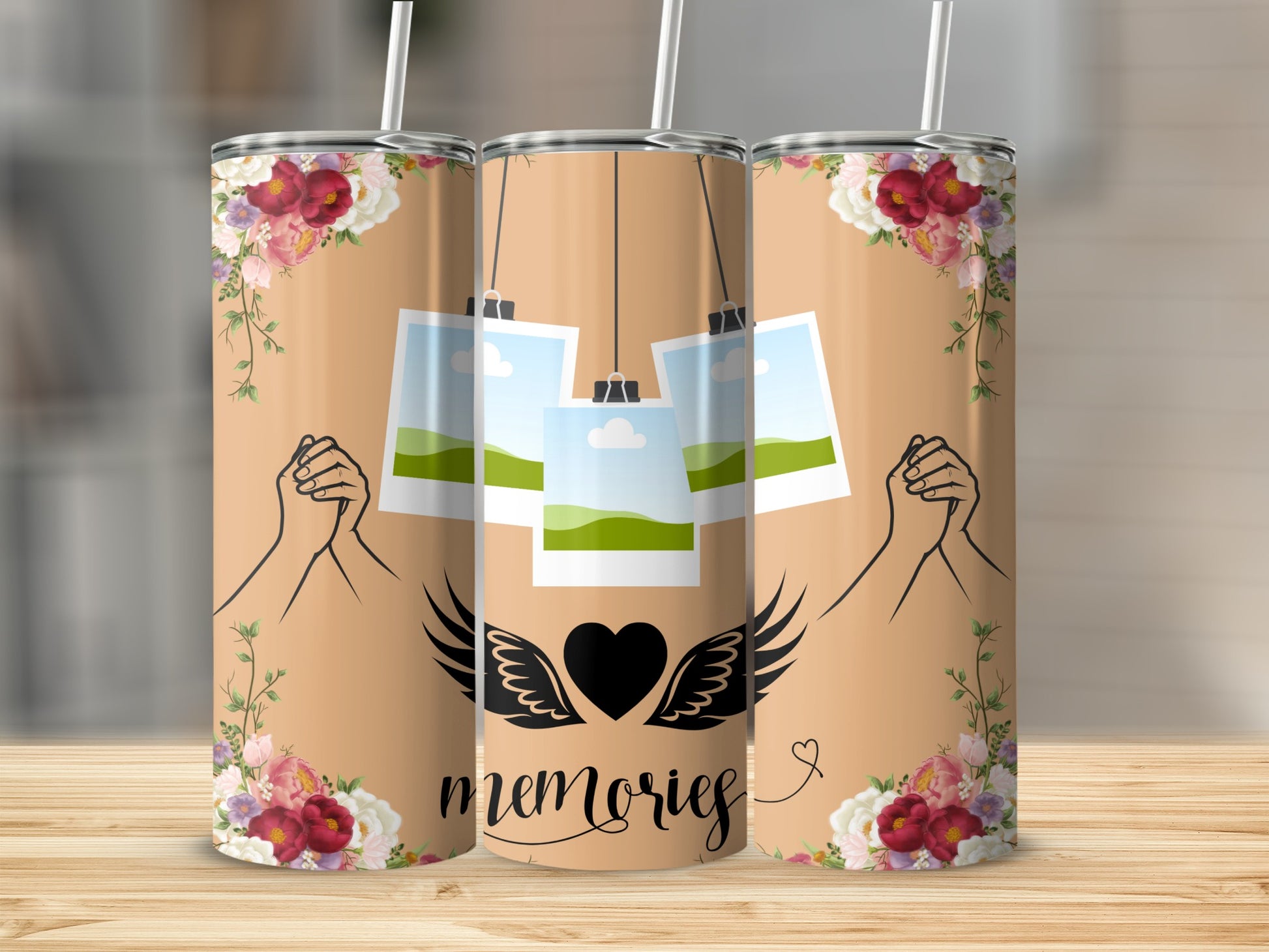 Tumbler with floral trim, hands holding, floating photos, and the word "memories".