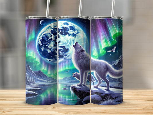 Northern Lights Wolf Howling Artwork Tumbler Flask