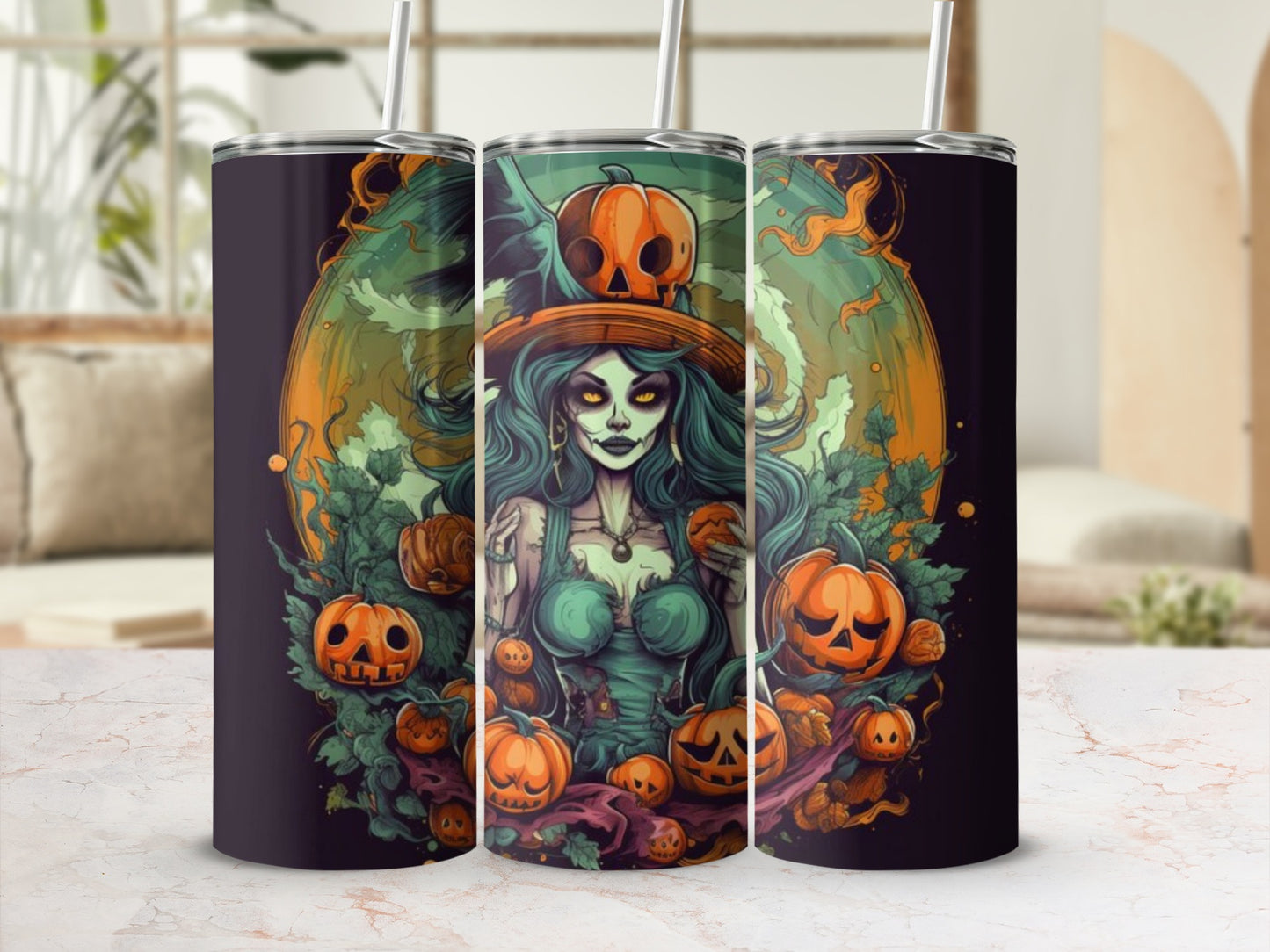 Three tumblers featuring a Halloween witch with pumpkins and a moon.