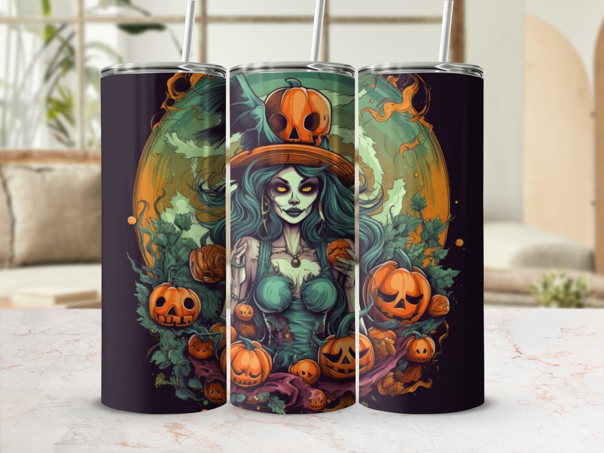 Three tumblers featuring a Halloween witch with pumpkins and a moon.