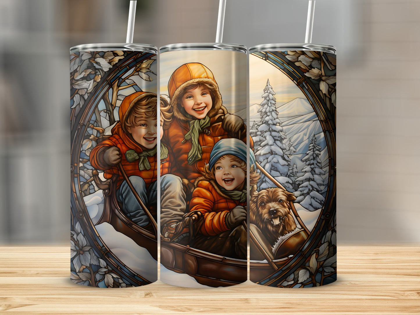 Children in a canoe with a dog in a snowy landscape.