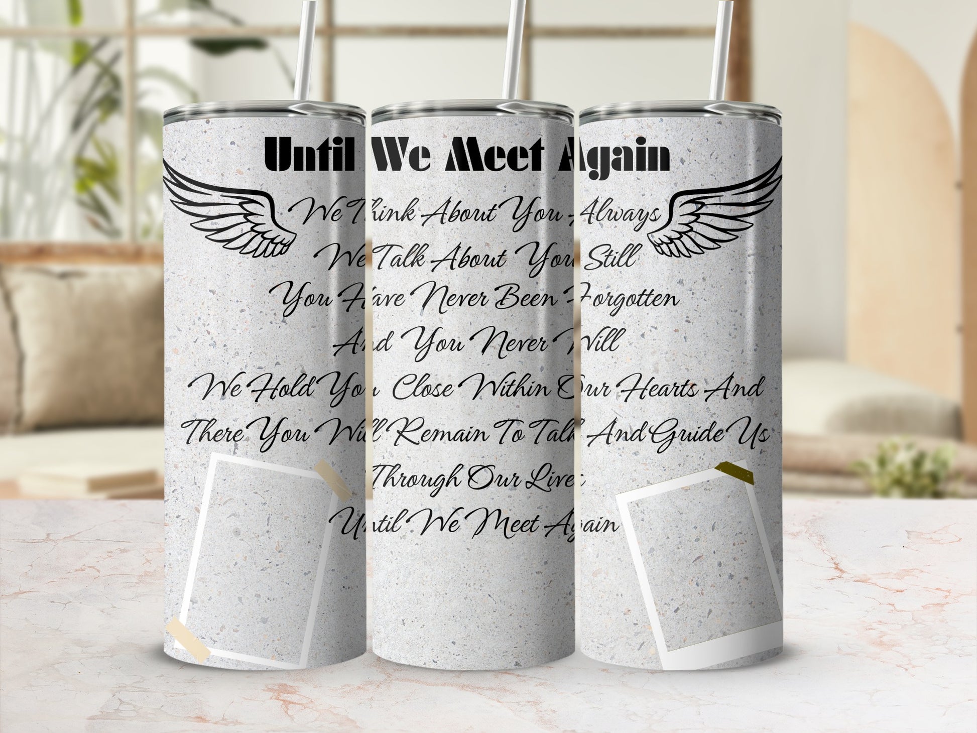 Three tumblers with wings and poem "Until We Meet Again".