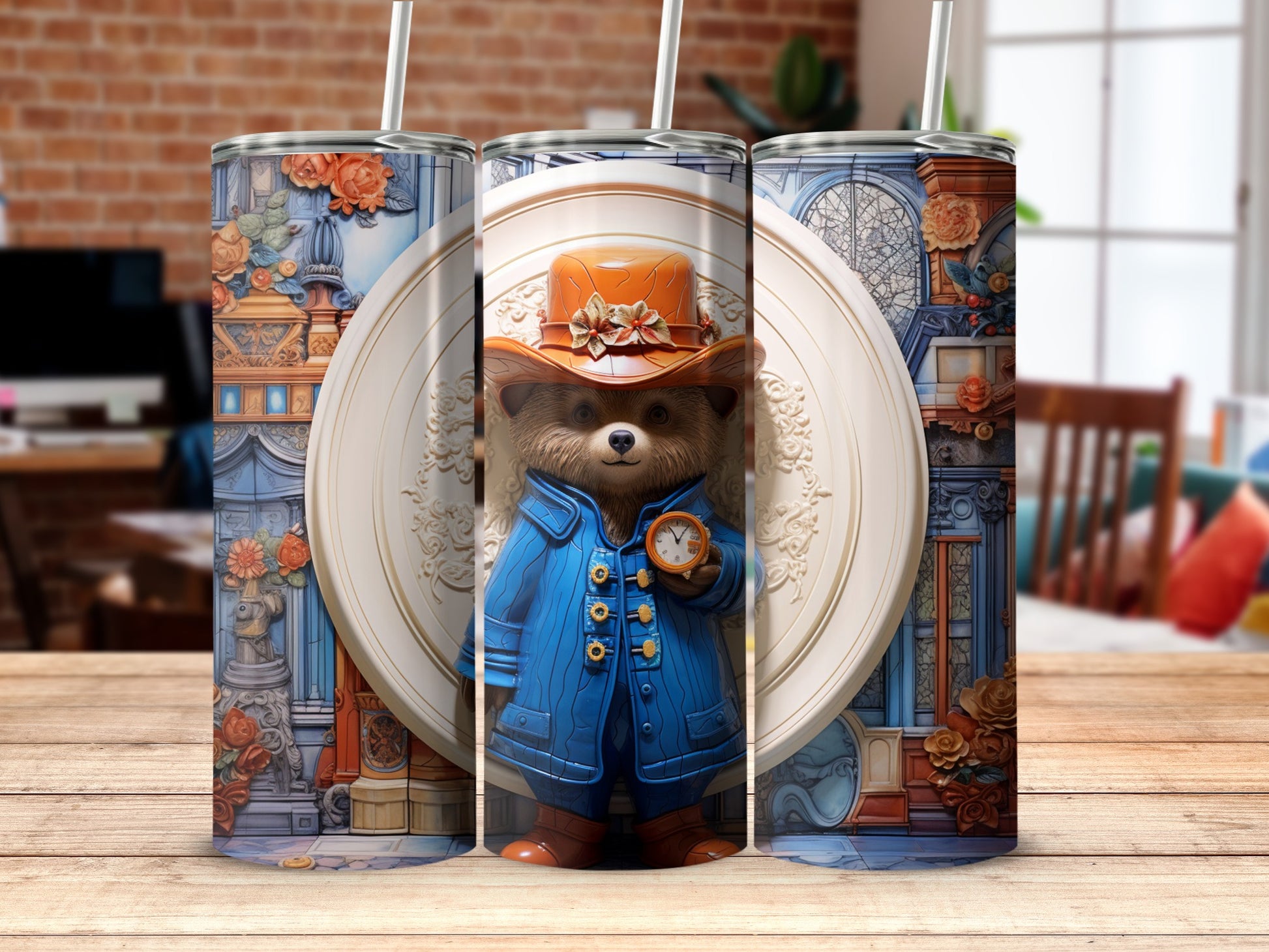 Whimsical Bear in Blue Coat Travel Tumbler Flask