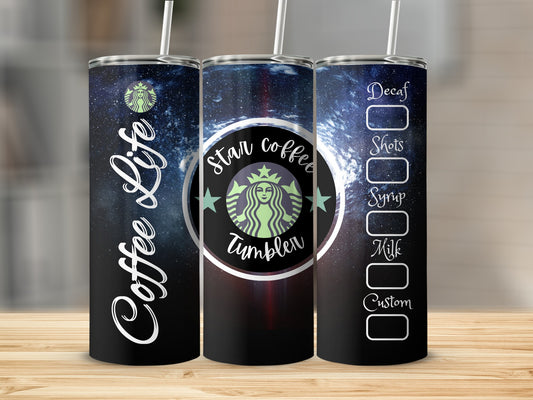 Custom Star Coffee Tumbler with White Text Design