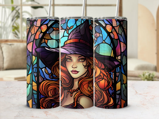 Witch with stained glass background on three tumblers.