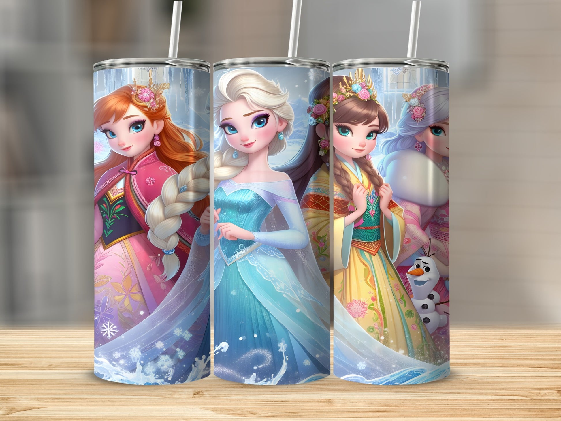 Three Frozen characters on tumblers with snowflakes and floral designs.