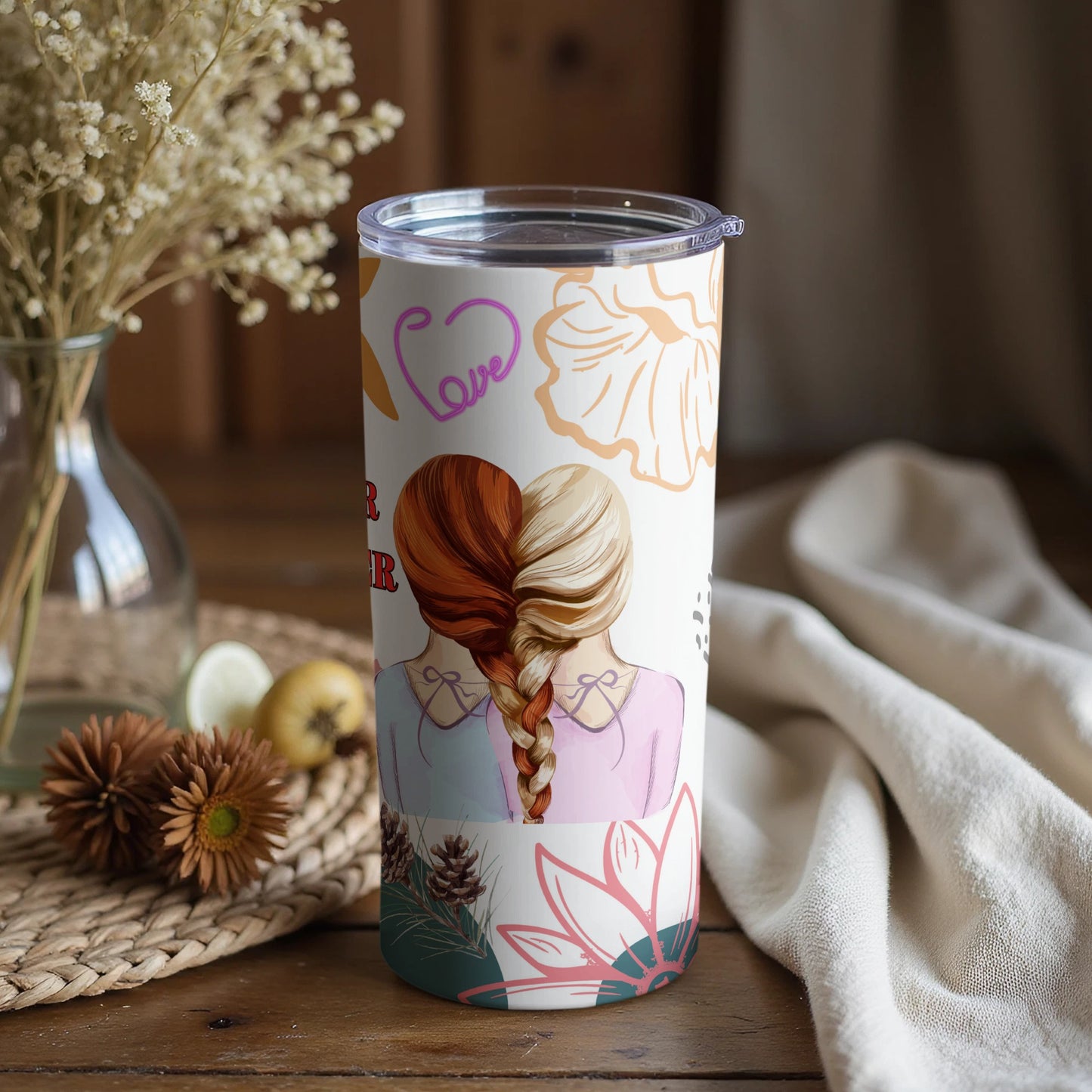 Sister Love Tumbler with Heart and Floral Design