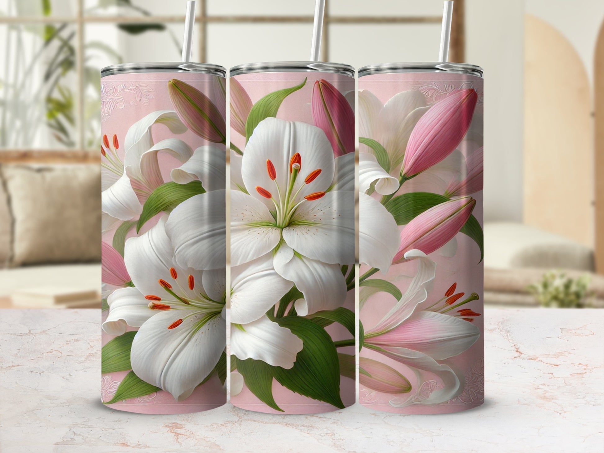 Elegant Pink and White Floral Design Tumbler Product