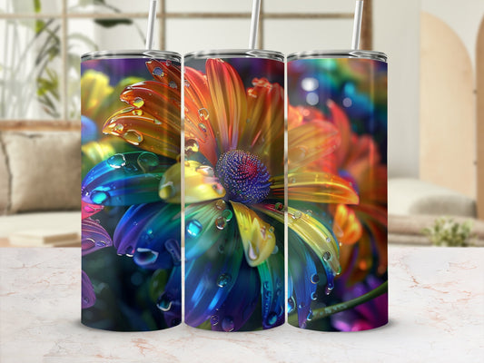 Rainbow flower tumbler with water droplets.
