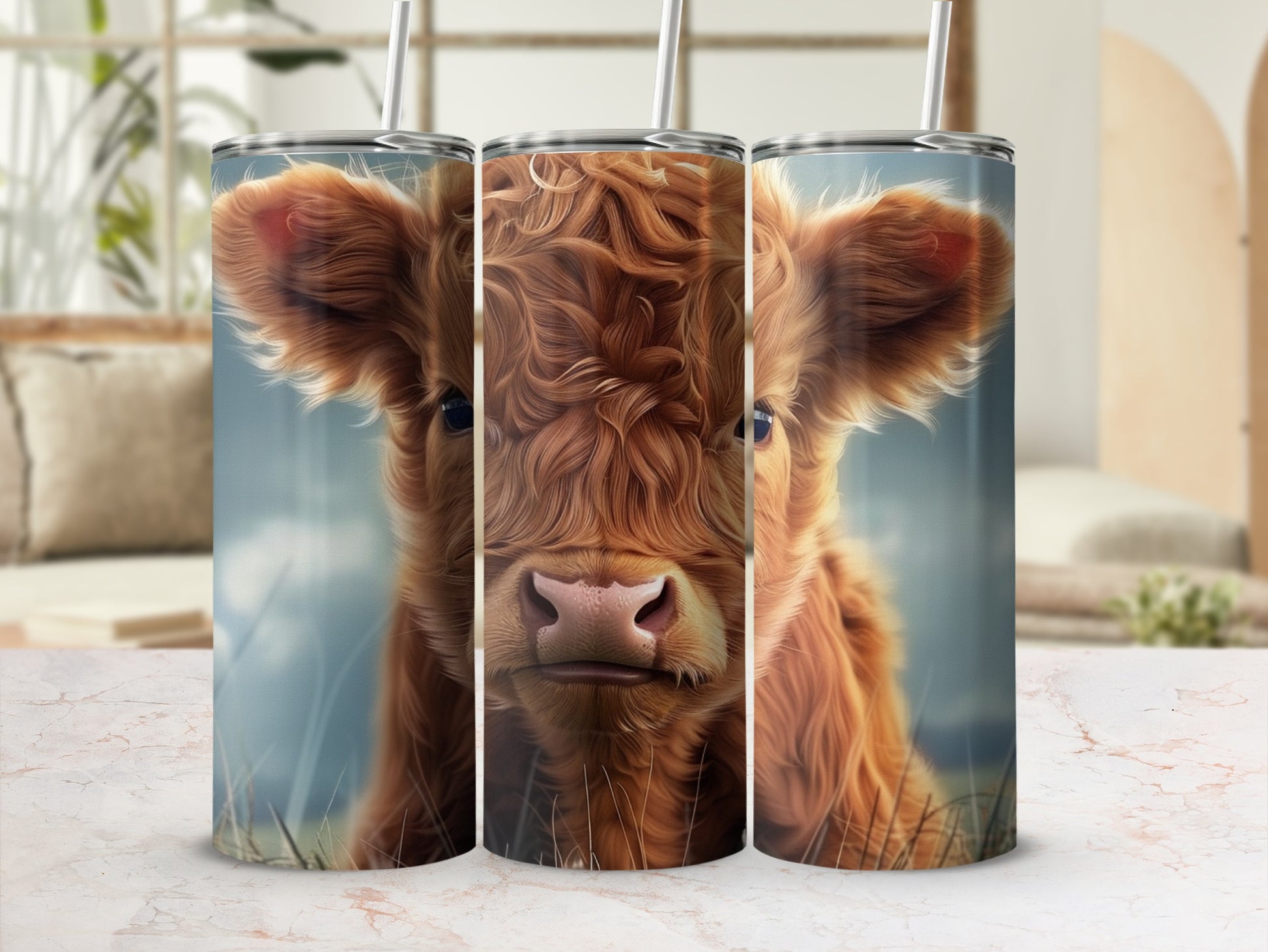 Three tumblers featuring a close-up of a fluffy Highland cow calf.
