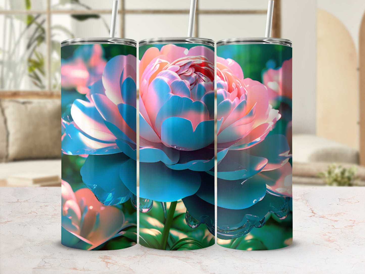 Three tumblers with a close-up floral design featuring pink and blue petals.