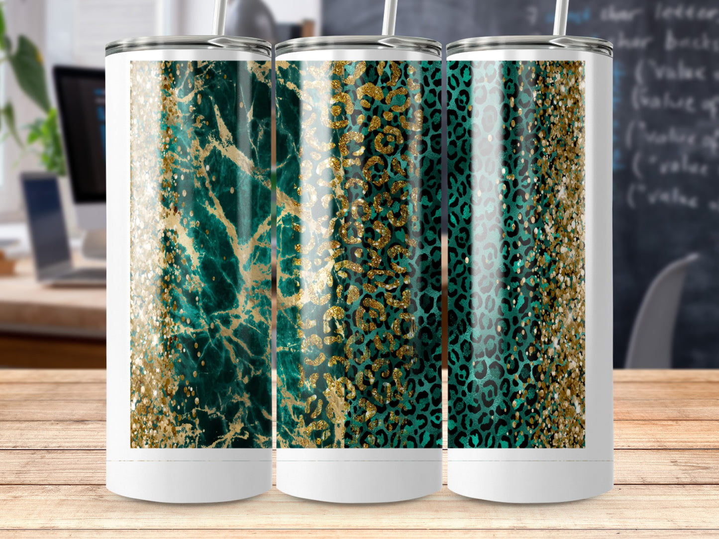 Teal Green Gold Marble Glitter Leopard Print Tumbler