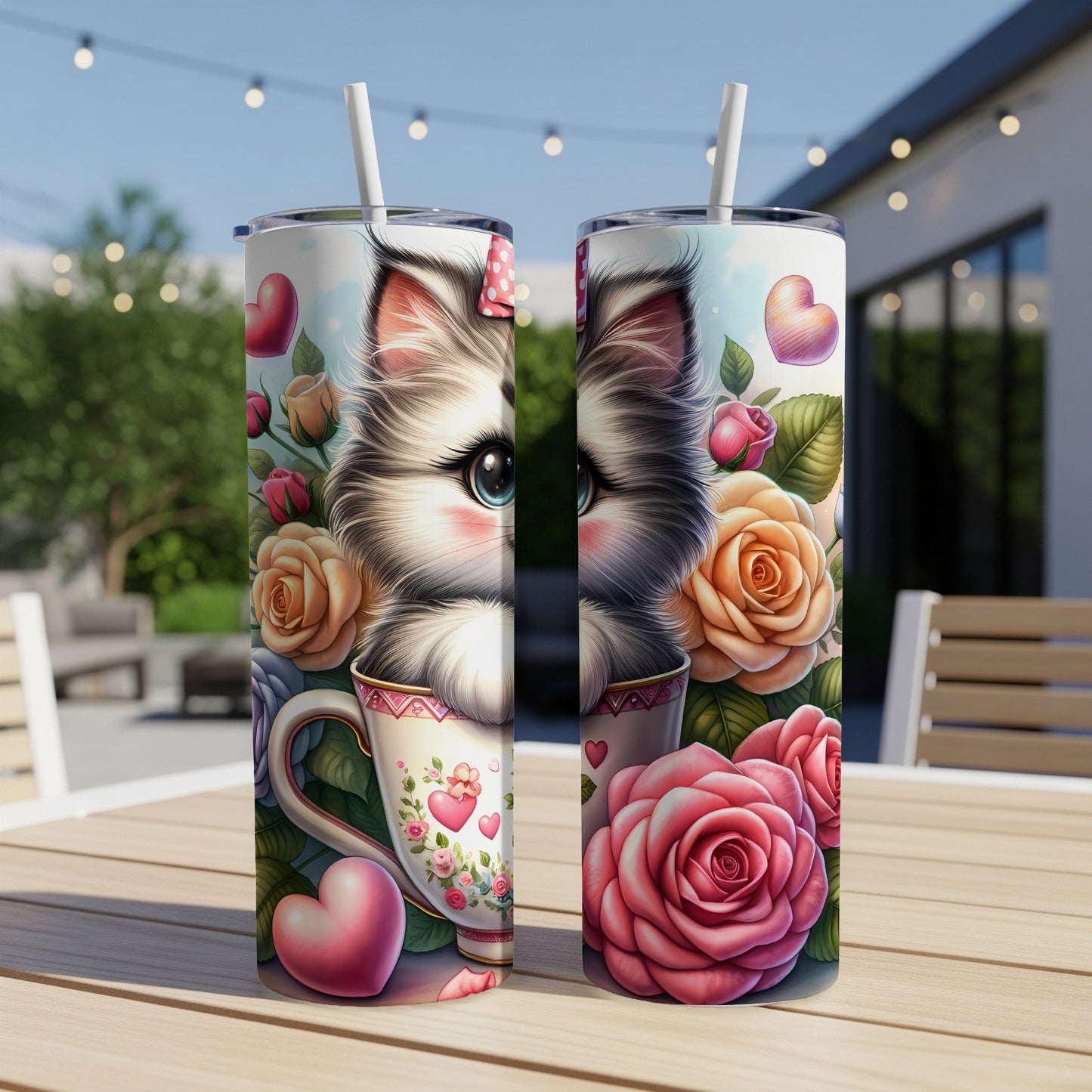 Two tumblers featuring a fluffy cat's face, roses, and hearts.