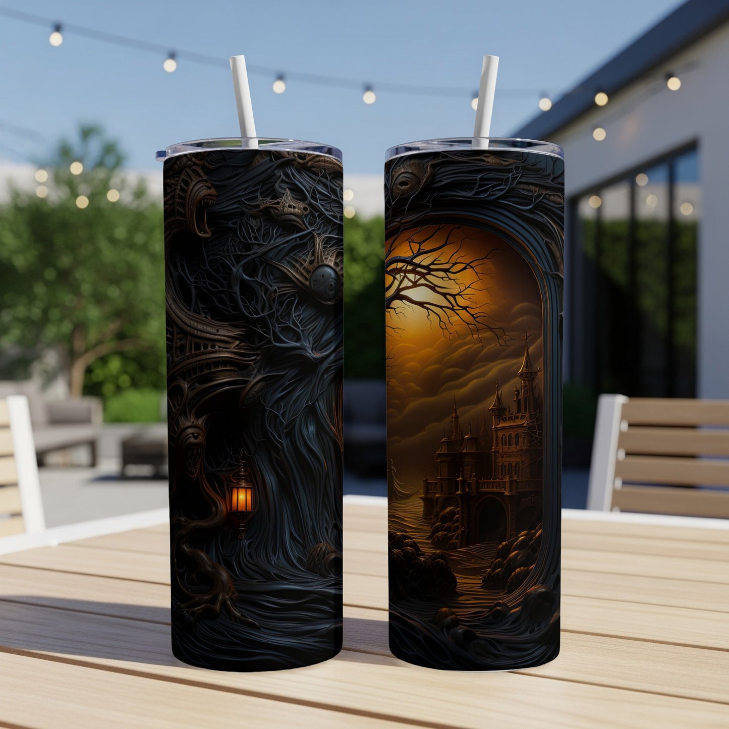 Two tumblers with dark fantasy designs featuring a spooky castle and a gnarled tree.