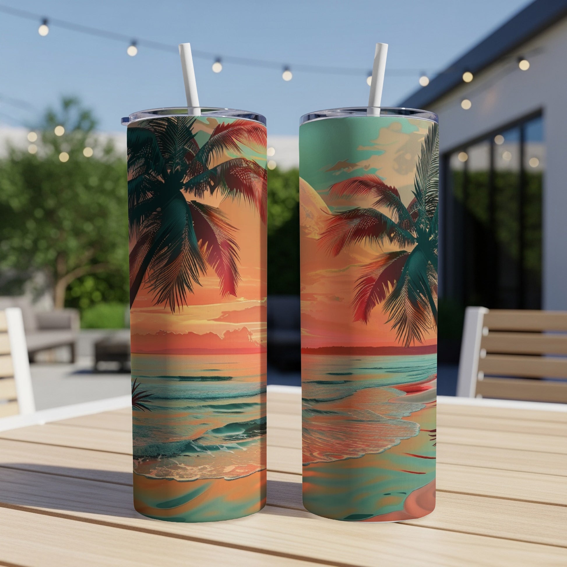 Two tumblers with a tropical beach sunset scene and palm trees.