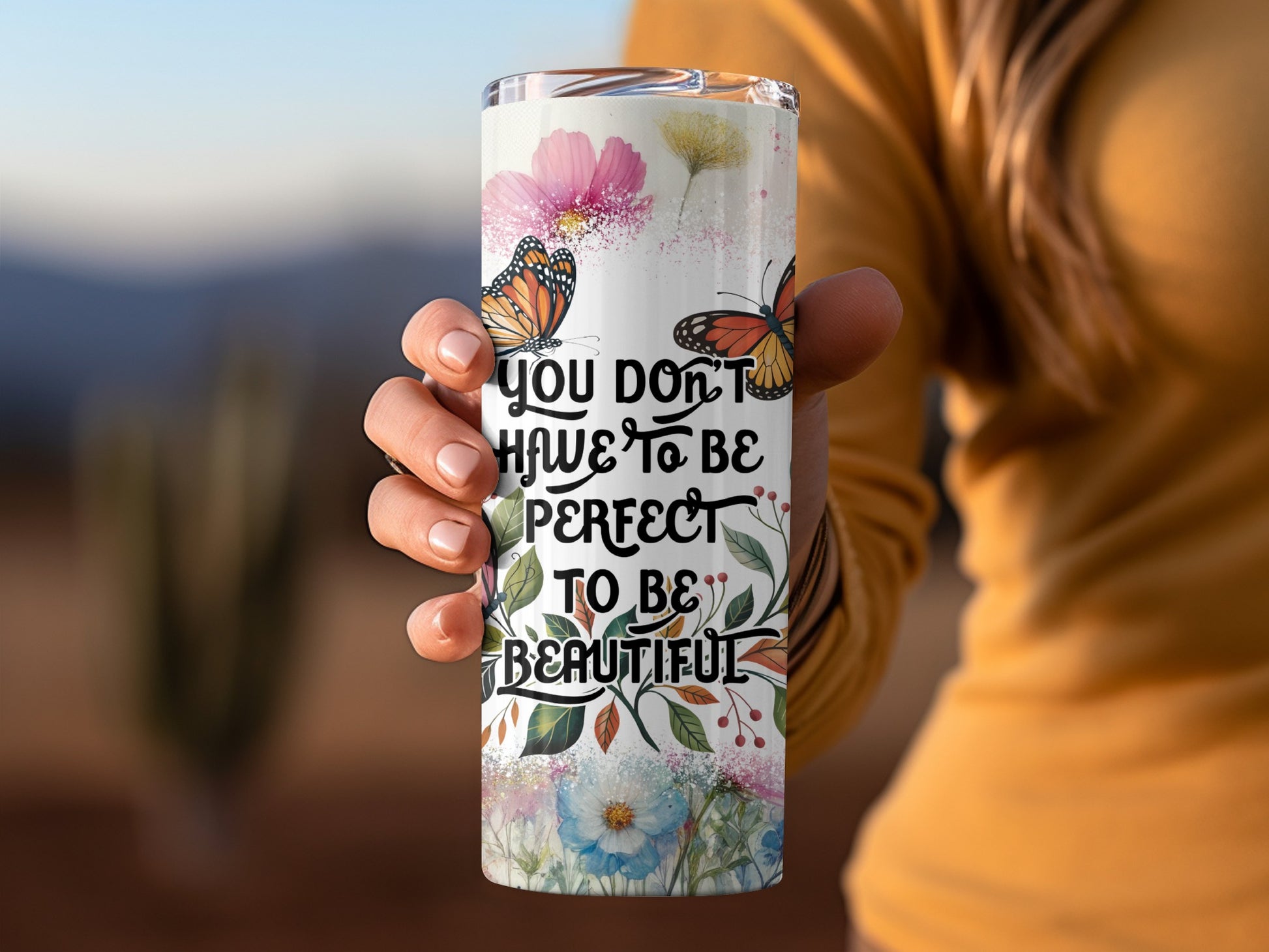 Inspirational Butterfly and Floral Design Tumbler Cup