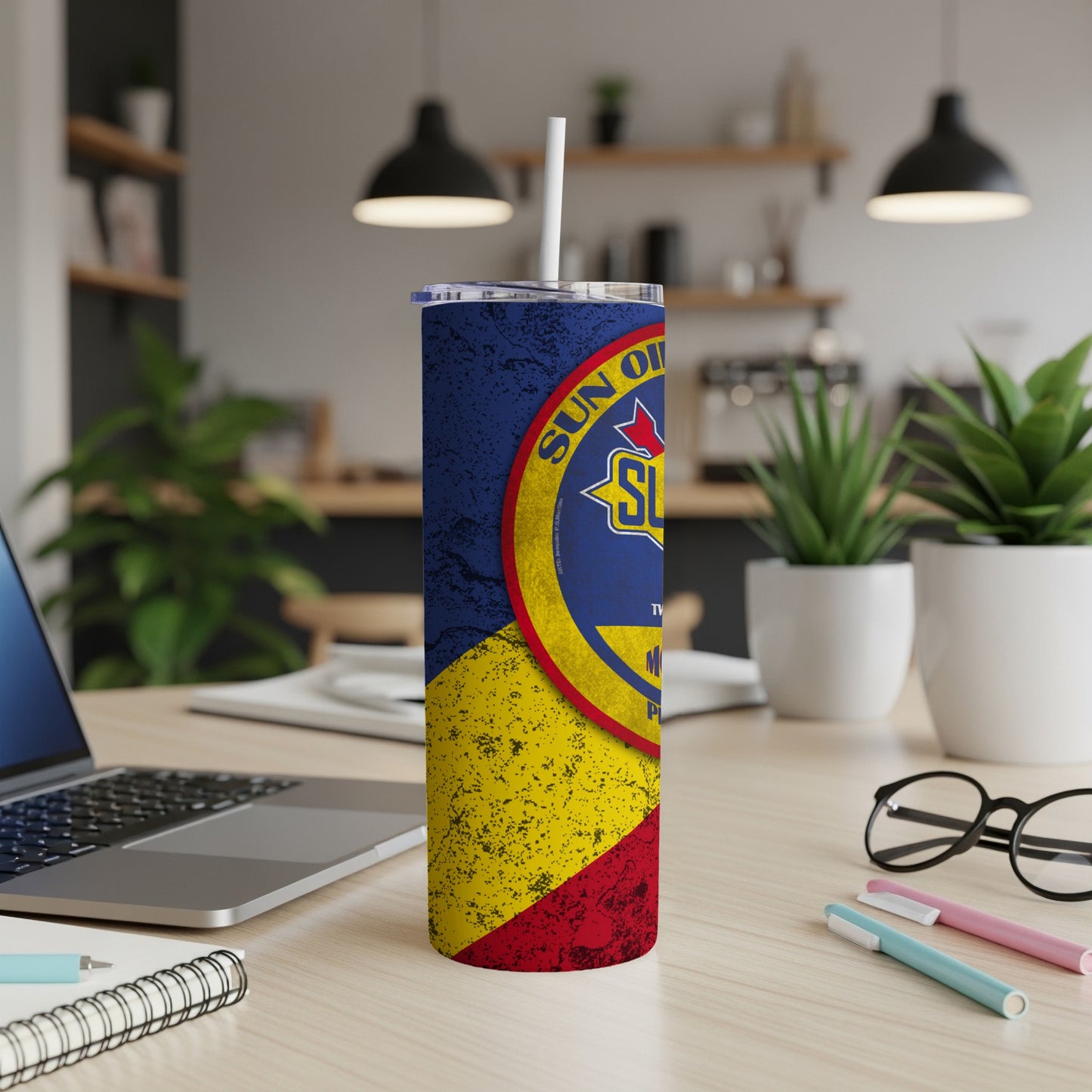 Tall tumbler with distressed Sun Oil Company logo in red, yellow, and blue.